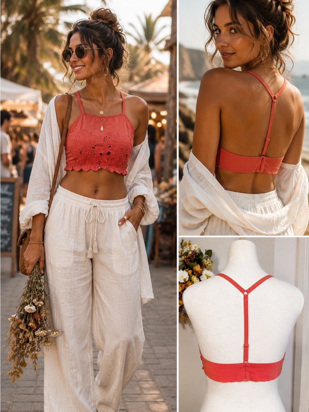 NWT Intimately Free People June T-Strap Back Eyelet Bralette Coral Sz M 💛